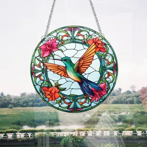 Stained glass hummingbird window hanging suncatcher with floral pattern and metal chain.