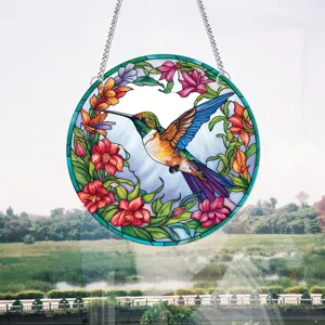 Stained glass hummingbird window hanging suncatcher vibrant floral wall decor art panel