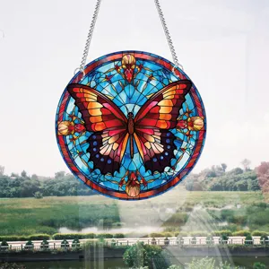 Buntglas Schmetterling Hängende Fensterdekoration Runde Kunstplatte mit Ketten Deko