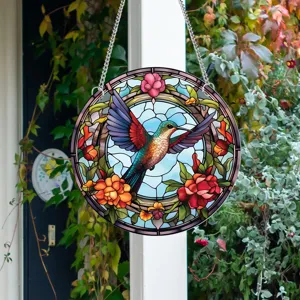 Stained glass hummingbird hanging suncatcher window panel for home wall decor detail