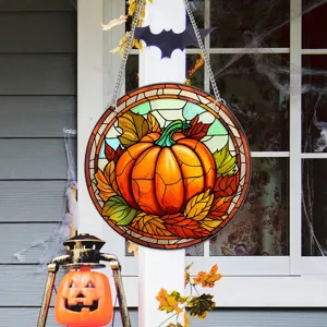 Decorazione sospesa in vetro colorato con zucca autunnale per pareti e finestre casa.