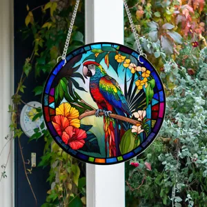 Stained glass parrot hanging window panel tropical bird wall art home decor gift piece.