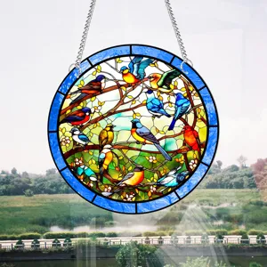 Stained glass bird window hanging circular suncatcher panel with metal chains for home decor
