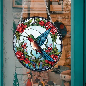 Stained glass style hummingbird hanging decor with red flowers and chains, wall art.