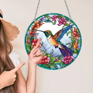 Hanging stained glass hummingbird wall art round window hanging floral home decor