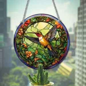 Detail van glas-in-lood kolibrie raamdecoratie met bloemenpatroon en metalen ketting.