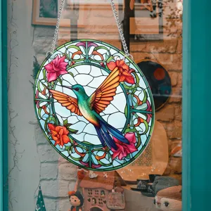 Gorgeous stained glass hummingbird hanging suncatcher window panel home decor detail