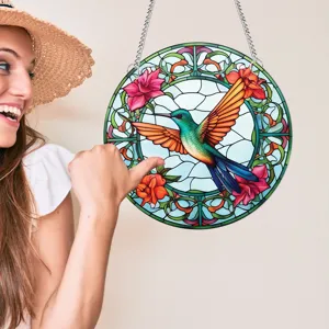 Stained glass hummingbird window hanging colorful flower suncatcher wall decor for home