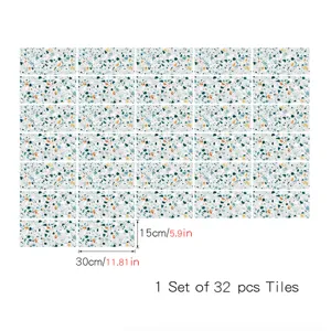 Terrazzo tile sticker detail showing 32pcs set grid layout with precise size dimensions.