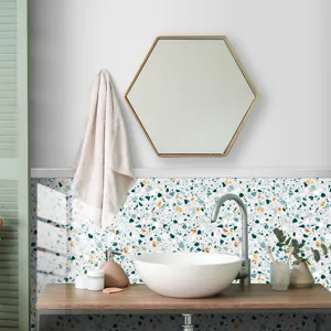 Detailed view of terrazzo pattern crystal film tile sticker, showing bathroom wall decor application.