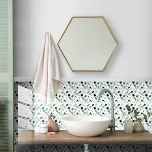 Detailed view of terrazzo wall sticker in bathroom scene, waterproof self adhesive decor tile.
