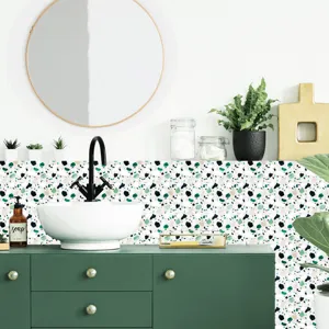 Terrazzo pattern wall sticker detail, self-adhesive waterproof tile sticker for home decor.