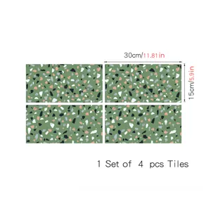 Green terrazzo crystal film tile stickers, self-adhesive wall and floor decor, 4 pcs set.