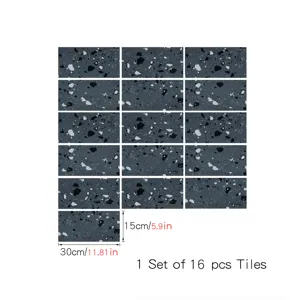 Dark grey terrazzo tile stickers, waterproof self-adhesive wall and floor decals, 16 pcs set.