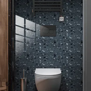 Dark terrazzo pattern self-adhesive wall sticker, modern bathroom decor detail view.