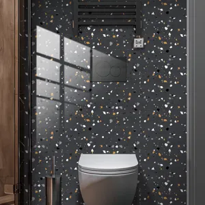 Dark terrazzo pattern crystal film tile sticker detail shot, self-adhesive wall decor.