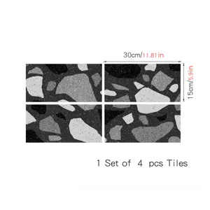 Detailed view of dark terrazzo pattern crystal film tile stickers, 30x15cm size, set of 4.