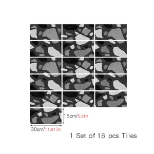 Terrazzo pattern crystal film tile sticker set, 16 pieces, 30x15cm home wall floor decor.