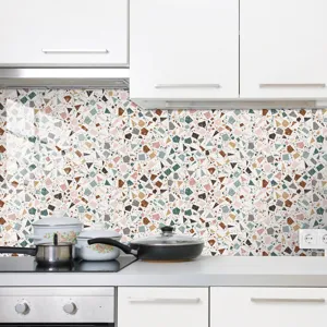 Terrazzo pattern kitchen tile sticker detail, waterproof self-adhesive wall decoration.