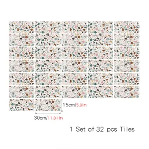 Terrazzo pattern tile stickers, 32 pcs set, self-adhesive PVC wall and floor decor, 15x30cm.