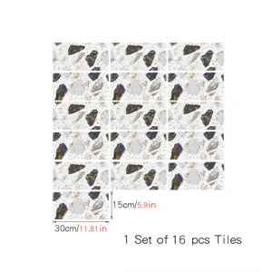 Detail view of self-adhesive terrazzo tile stickers with gray and gold stone pattern accents.