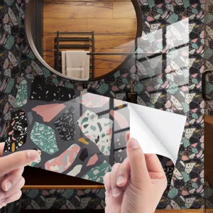Terrazzo pattern self-adhesive tile sticker peel and stick wall film for home decoration.