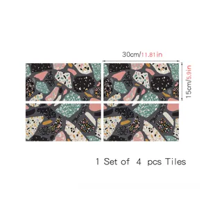 Terrazzo pattern crystal film tile sticker detail showing dimensions and set of four pieces.