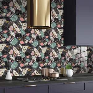 Terrazzo wall sticker detail showcasing modern kitchen decor and smooth glossy texture.