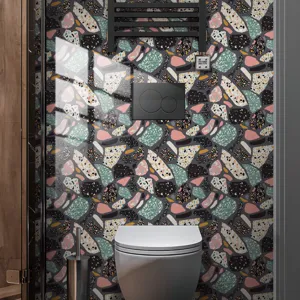 Terrazzo wall sticker detail showcasing colorful pattern texture and modern bathroom decor style.