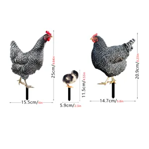 Acrylic chicken yard art stakes set with detailed height and width dimension labels.