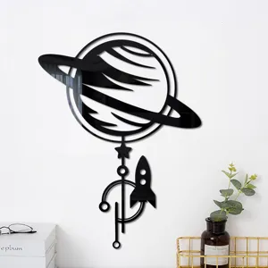 3D Saturn rocket acrylic mirror wall sticker, modern black wall decor for home room.
