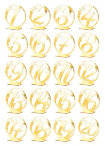 Gold acrylic table numbers set showing numbers one to twenty with elegant circular design details.