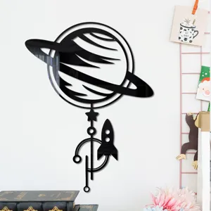 3D acrylic planet mirror wall sticker, creative space rocket home decor for living room.