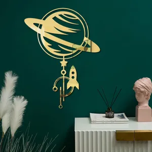 3D acrylic mirror wall sticker featuring planet and rocket, ideal for modern home decor.