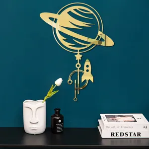 Gold 3D acrylic mirror Saturn rocket wall sticker home decor room aesthetic design