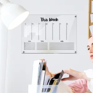 Clear acrylic weekly planner board detail, wall mounted dry erase calendar for office and home.