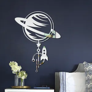 3D acrylic mirror wall sticker planet and rocket design self adhesive home decor wall art