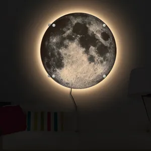 Detailed view of LED moon wall lamp glowing in a dark room, creative ambient lighting.