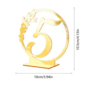Gold acrylic table number 5 sign for wedding party decor, elegant mirror finish display stand.