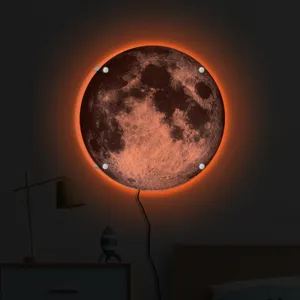 3D LED moon wall lamp with warm orange glowing halo, perfect creative night light for bedroom decor.