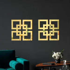 Gold acrylic mirror wall stickers, geometric square home decor for modern living room walls.