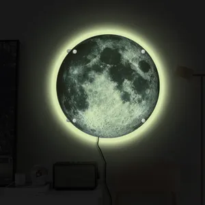 Detailed close-up of the glowing 3D moon wall lamp mounted in a cozy dark bedroom setting.