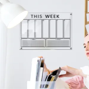 Clear acrylic weekly planner board for wall mounting, erasable calendar memo message board for office.