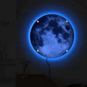 LED 3D moon wall light with blue backlight glowing planet design for bedroom home decor lighting
