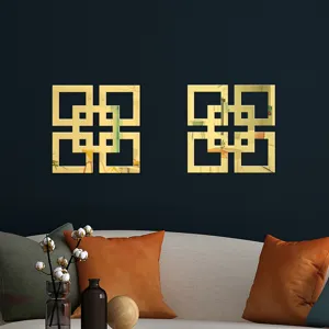 Acrylic mirror wall sticker gold geometric square decor for modern living room bedroom home design.
