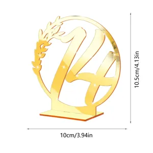 Gold mirror acrylic table number 14 sign with wreath design, 10x10.5cm wedding decor.