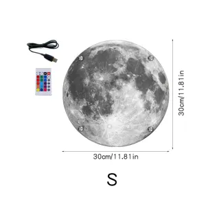 Detail view of 30cm LED moon lamp with remote control and USB cable, size S specification.