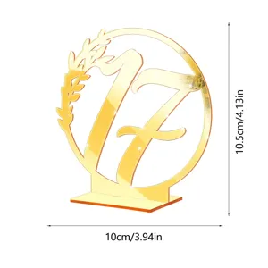 Gold acrylic number 17 table sign detail showcasing dimensions and stand base design.