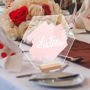 Letrero de número de mesa de acrílico transparente con base de madera decoración de boda detalle