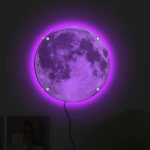 Close-up detail of the glowing moon wall lamp showing lunar surface and purple LED backlight.